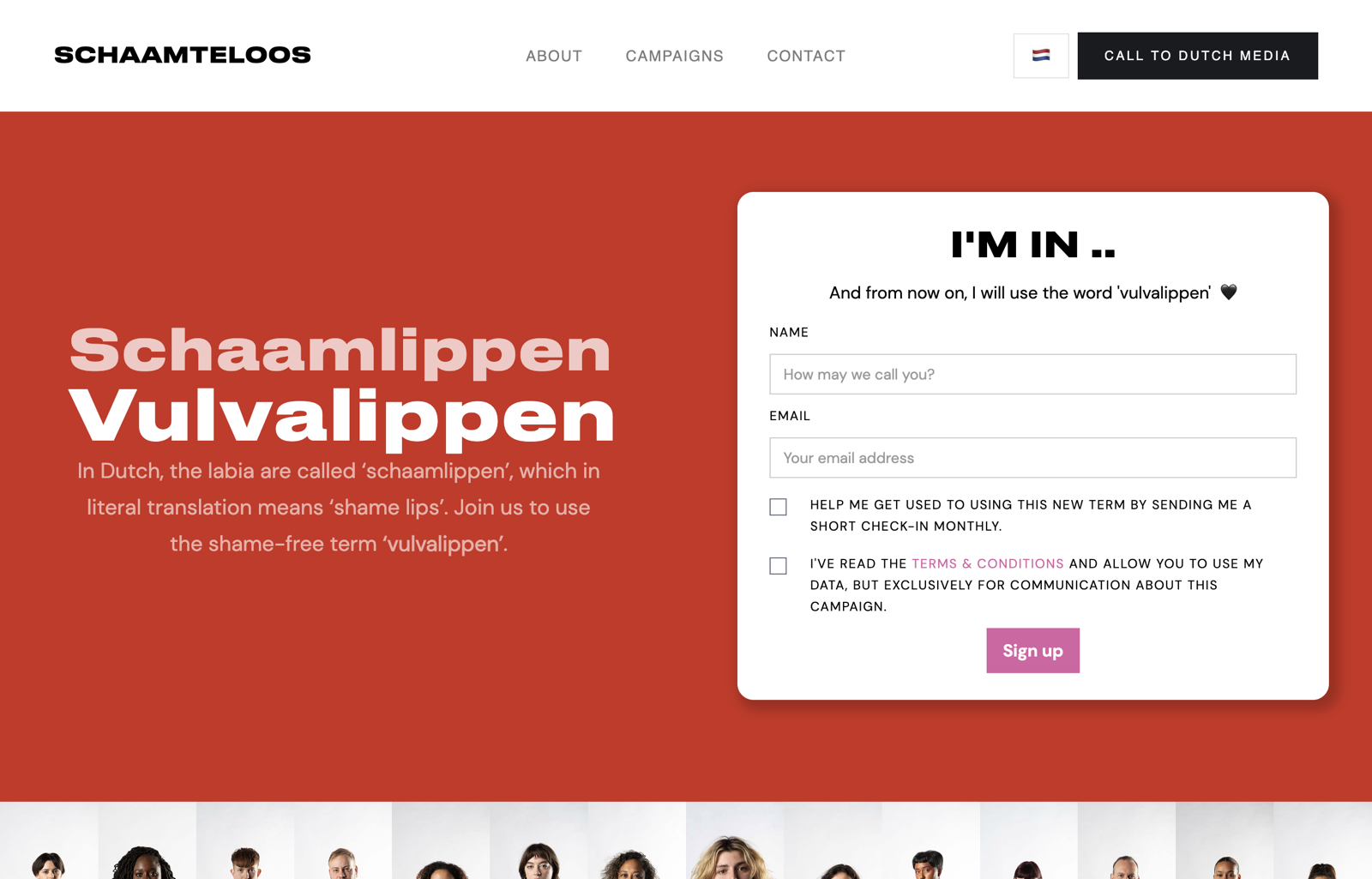 The Schaamteloos homepage with hero, sign-up form, and community portrait row