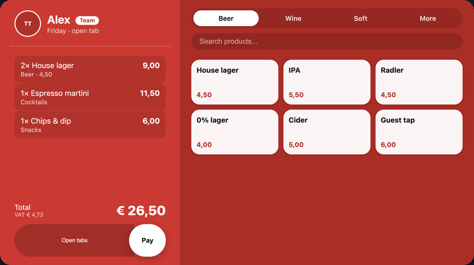 TabTap order screen with tabs and product grid